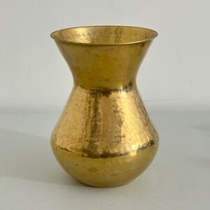 Vintage Hammered Brass Vase Mid Century Modern Boho Gold Hourglass Urn 9.5 inch